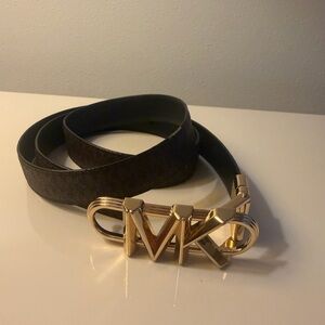Michael Kors Signature Brown and Black Leather Belt with Gold MK Logo Buckle L